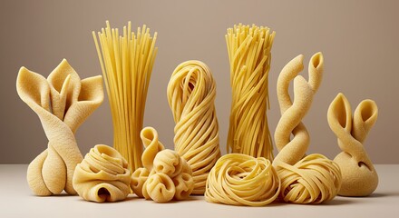 Artistic array of uncooked artisanal pasta shapes creates a mouthwatering Italian culinary experience, perfect for food blogs, recipe books, and restaurant promotions