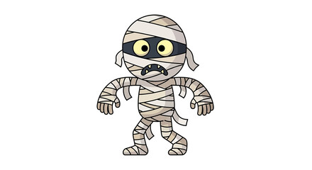 Cartoon illustration of a mummy character with bandages, black mask, and a scary expression.