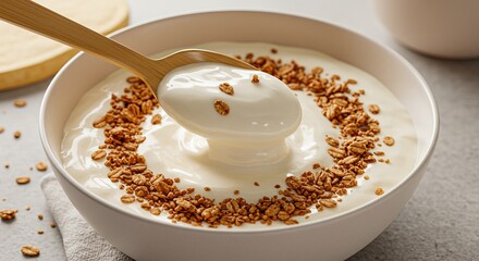 Delicious yogurt with granola, perfect breakfast or snack, enjoy the creamy texture and crunchy topping for healthy lifestyle promotions and recipe blogs