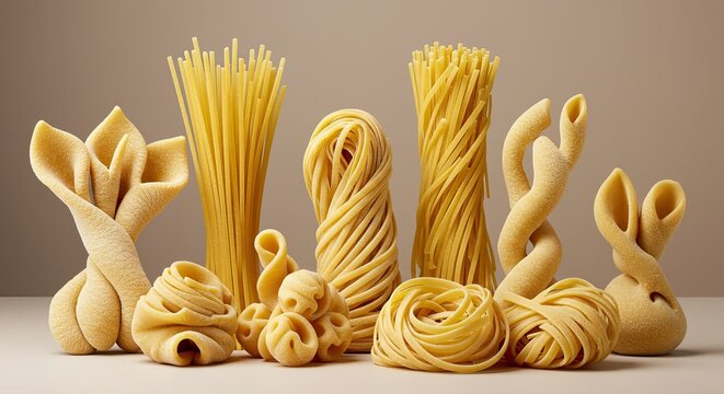 Artistic array of uncooked artisanal pasta shapes creates a mouthwatering Italian culinary experience, perfect for food blogs, recipe books, and restaurant promotions