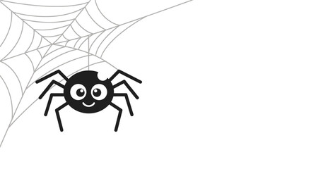A cute black cartoon spider with big eyes smiling on its web against a white background.