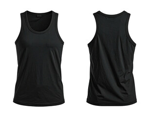 Front and back views of a blank black tank top on a black background