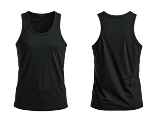 Front and back views of a blank black tank top on a black background