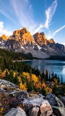 Mountain lake at sunrise, vibrant autumn foliage
