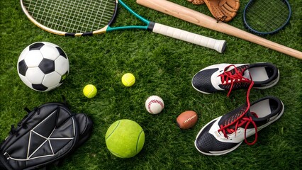 Overhead Shot of Sports Equipment on Green Grass – Soccer, Tennis, Basketball, Rugby, Baseball, Volleyball, and More