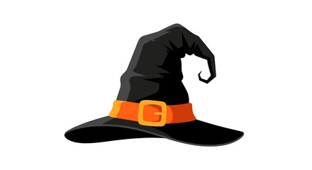 A classic black witch's hat with an orange band and gold buckle, perfect for Halloween.