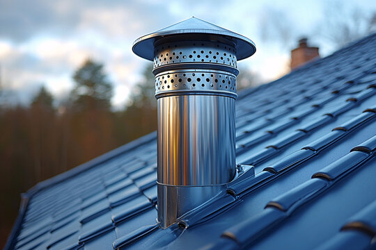 A close-up of a shiny metal chimney cap atop a tiled roof, reflecting the soft light of dusk. The background features blurred trees and a serene sky.