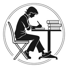 Obraz premium Silhouette of person writing at desk with books vector