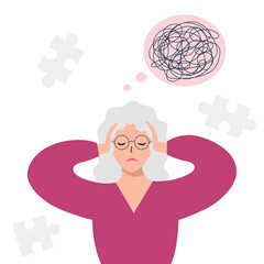 Frustrated elderly woman suffers from migraine.