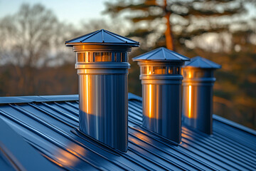 Three chimney caps sit atop a metal roof, illuminated by the warm glow of sunset. The scene captures a tranquil moment with nature in the background.