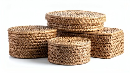 Woven round rattan storage baskets feature natural fibers, sturdy construction, and earthy tones, ideal for home organization, decor, and eco-friendly living spaces.