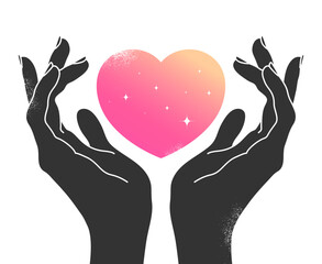 Celestial emblem with cupped hands holding heart. Human hands with a heart shape decorated with stars. Vector illustration
