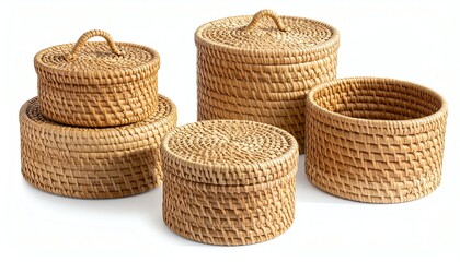 Woven rattan storage baskets arranged together, showcasing natural texture, craftsmanship, and practical organization for home decor, office, or eco-friendly spaces.