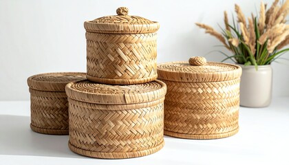 Woven round lidded storage baskets crafted from natural fibers, ideal for home organization, decorative purposes, and eco-friendly storage solutions.