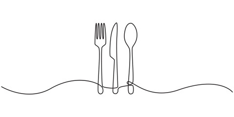 one line vector illustration of spoon, fork, and knife as elegant kitchen cutlery on white background, Tableware Continuous Line Icon