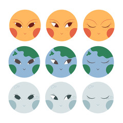 Hand drawn boho Sun, Moon and Earth planet icons with human face. Cartoon celestial set. Vector illustration