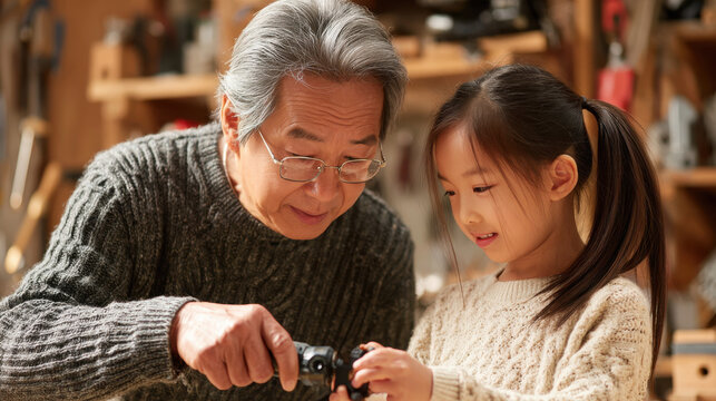 Grandfather teaching granddaughter. An elderly man with his granddaughter, working together, sharing knowledge and experience in a workshop.