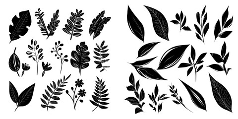 Fototapeta premium A collection of futuristic leaves and flowers in botanical style is set against a white background, presented in a modern abstract format with flat illustrations