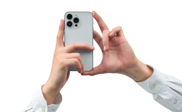 Hands using a modern smartphone and taking photo or video isolated on transparent.