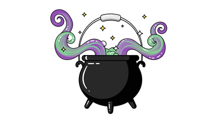 A black cauldron with bubbling green liquid and swirling purple and green tentacles, surrounded by magical sparkles.