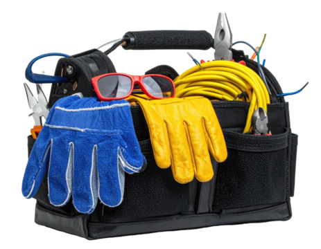 A filled toolbox with safety gear, including gloves and glasses, and wire