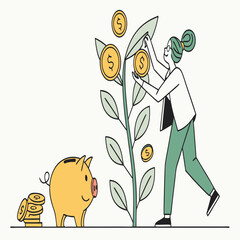 Woman tending to money plant next to piggy bank coins