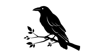 Black silhouette of a crow perched on a leafy branch against a white background, simple graphic style.