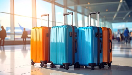 Bright colorful suitcases airport travel standing together in sunlight, with passengers and airplane outside large glass windows, ready for departure and vacation.
