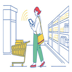 Woman using smartphone in grocery store with shopping cart