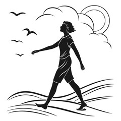Woman walking on beach with birds and sun silhouette