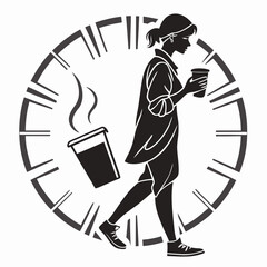 Woman walking with coffee cup inside clock face graphic
