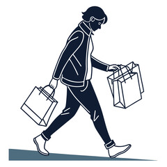 Woman walking with shopping bags dark blue outline