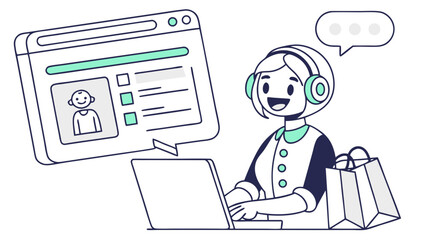 Woman with headphones working on laptop near shopping bags