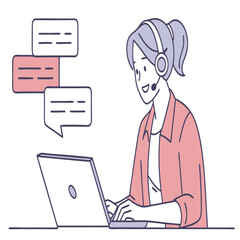 Woman with headset typing on laptop with chat bubbles