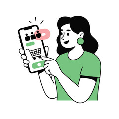Vector art of a woman is happily shopping online using her smartphone, with a shopping cart icon on the screen, she is excited about the purchase