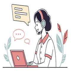 Woman with headset working on laptop with speech bubbles