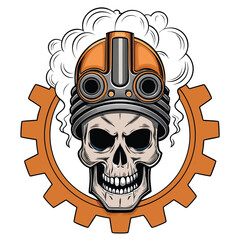 Steampunk skull with goggles and a gear emblem on a white background.