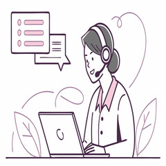 Woman with headset working on laptop with chat bubbles