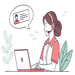 Woman with headset works on laptop with customer profile in speech bubble