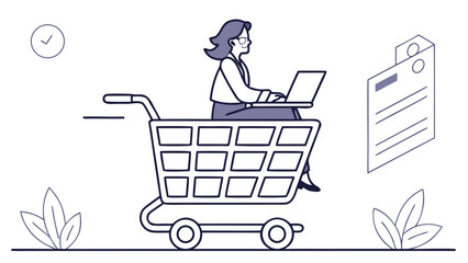 Woman with laptop in shopping cart on white background