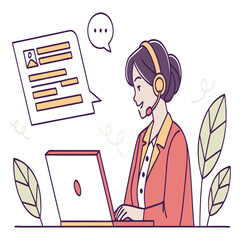 Woman with headset works on laptop near document and leaves