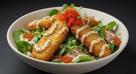 Deliciously plated fish with vibrant roe and creamy sauce creates a stunning culinary experience, perfect for food bloggers and restaurant promotions