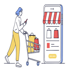 Woman with shopping cart and smartphone shopping app