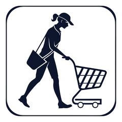 Woman with shopping cart and shoulder bag vector silhouette