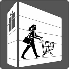 Woman with shopping cart entering building with gift icon