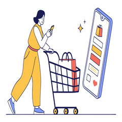 Woman with shopping cart uses smartphone for online shopping