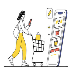 Woman with shopping cart using smartphone and large screen