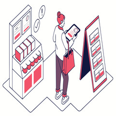 Woman with tablet and shopping bag near display stands
