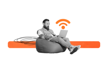 Composite photo collage of serious busy freelancer man surf laptop work fast connection 5g wifi network isolated on white color background