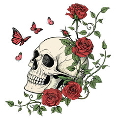 A skull adorned with red roses and fluttering butterflies. © artvector